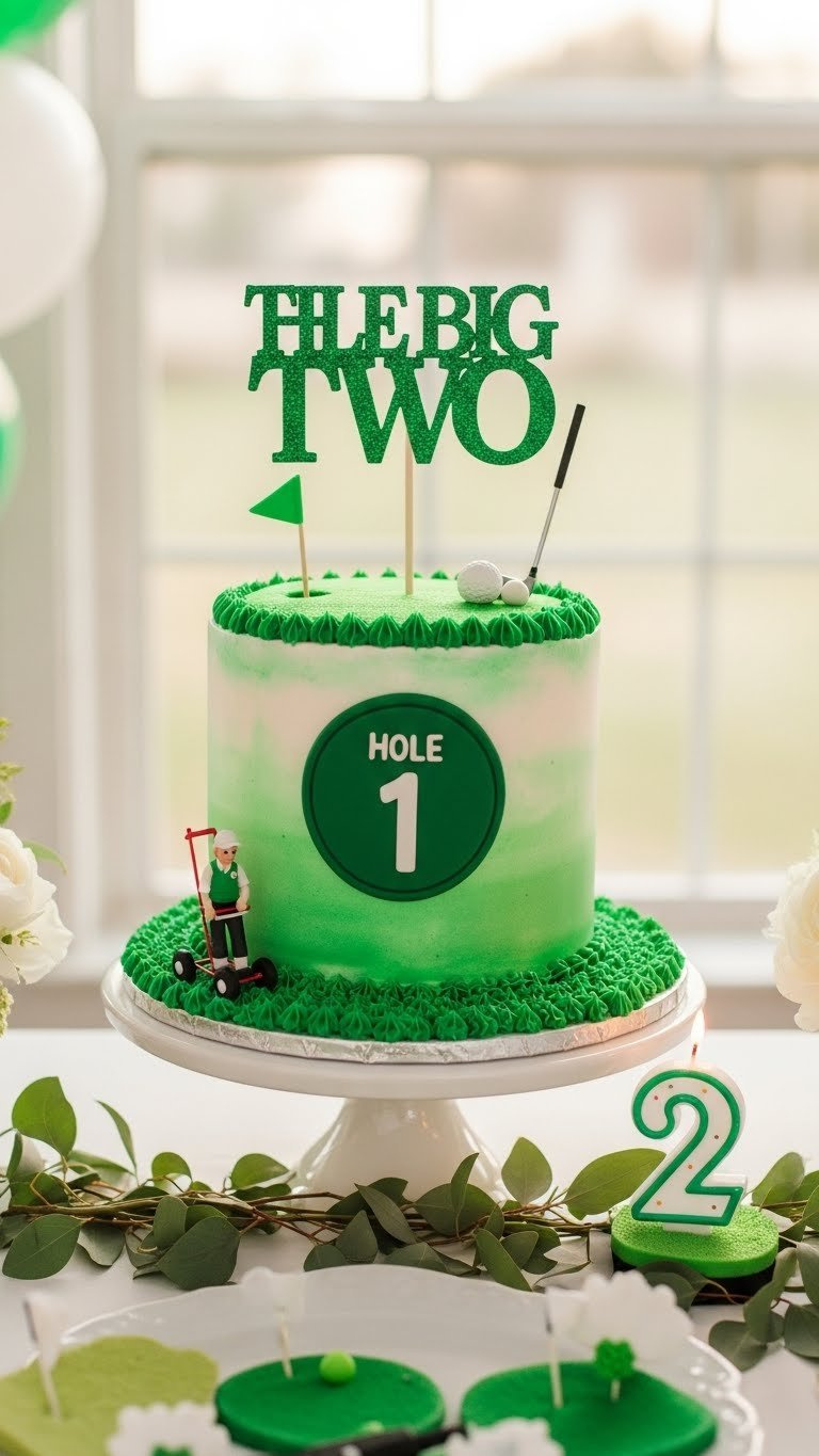 Golf-Themed Tiered Birthday Cake With Putting Green Frosting, Golf Ball Details, And Custom Hole-In-One Cake Topper
