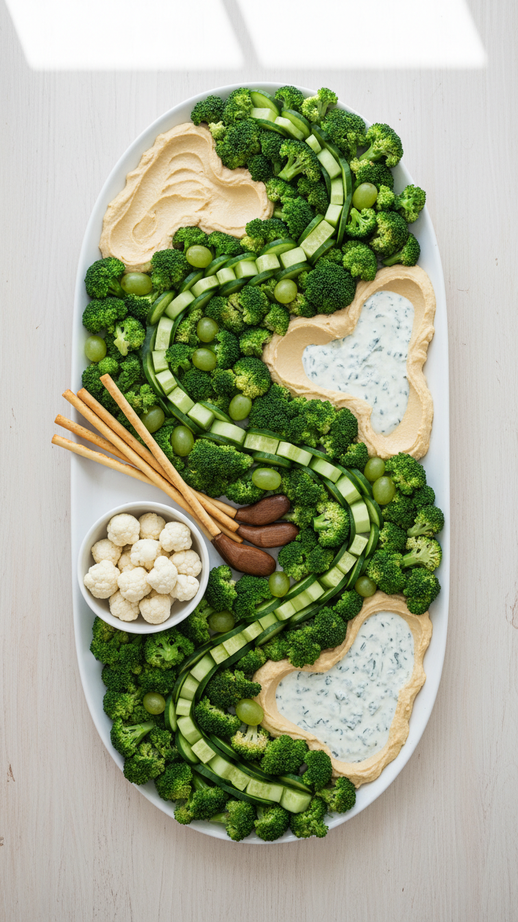 Golf-Themed Vegetable Platter With Broccoli Fairway, Hummus Sand Traps And Blue Cheese Water Hazards On White Ceramic.