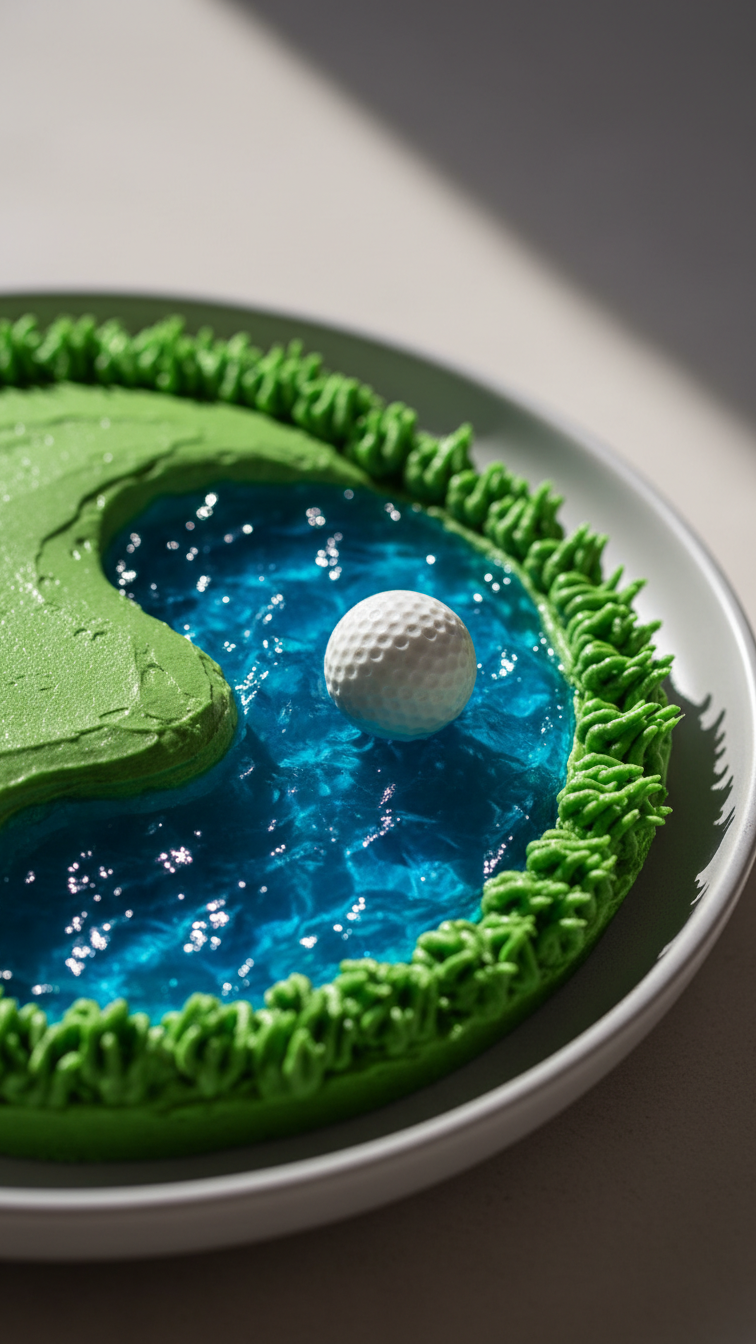 Golf Water Hazard Cupcake With Shimmering Blue Decorating Gel Next To Green Grass Frosting And Edible Golf Ball