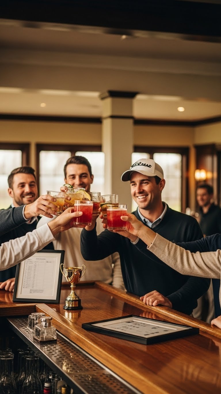 Golf Party Hole In One: 7 Must-Have Celebration Ideas Golfer Celebrating Hole In One At Clubhouse Bar Surrounded By Friends Raising Glasses In Traditional Ritual