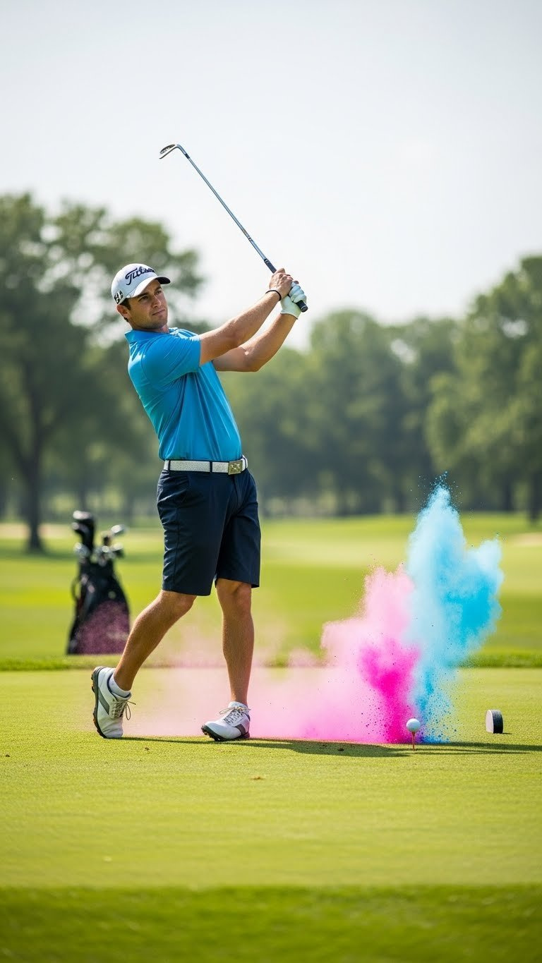Golfer Mid-Swing Hitting Pink Powder Gender Reveal Golf Ball On Tee With Driver Club And Soft Bokeh Background.