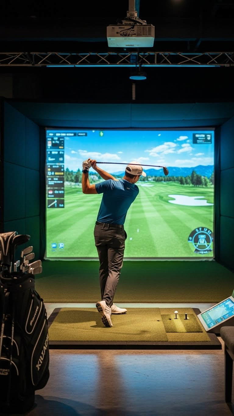 Golfer Mid-Swing In Modern Indoor Simulator Bay With Vibrant Projected Course Graphics And Professional Setup