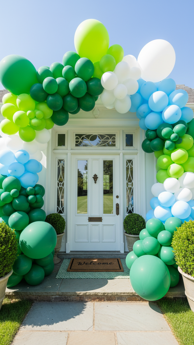 Grand Golf-Themed Balloon Arch With Green, White, And Sky Blue Balloons Framing A Doorway With Manicured Lawn Background.