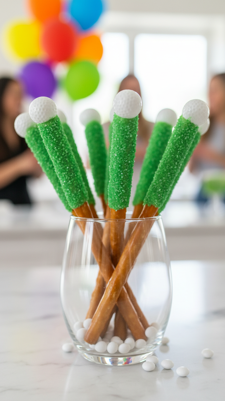 Green Candy-Dipped Pretzel Rods With White Candy Golf Balls, Arranged Bouquet-Style In Glass With Scattered Sixlets.