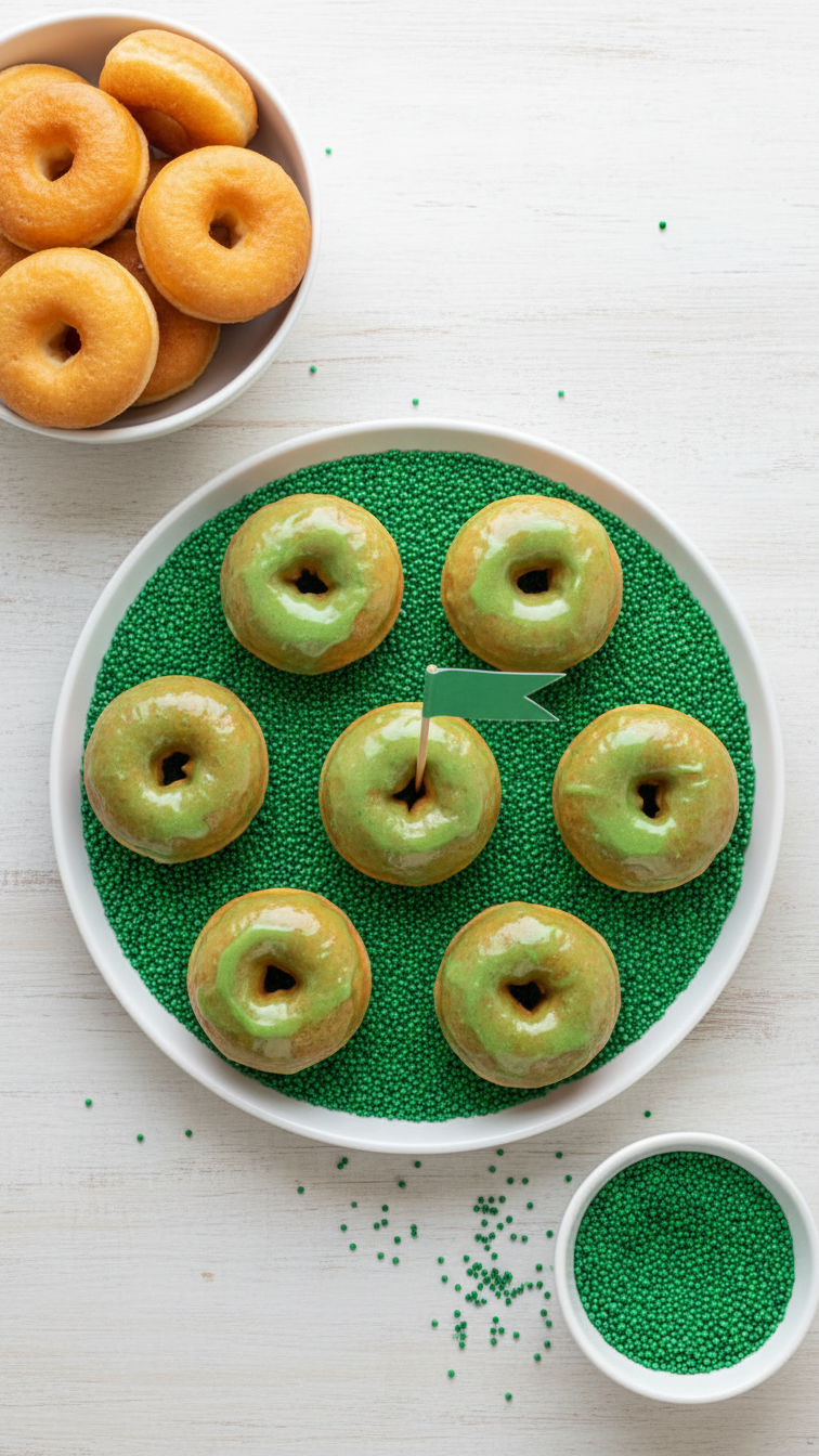 Green-Glazed Donut Holes With Toothpick Flags, Arranged On Platter Of Green Sprinkles For Golf-Themed Dessert.