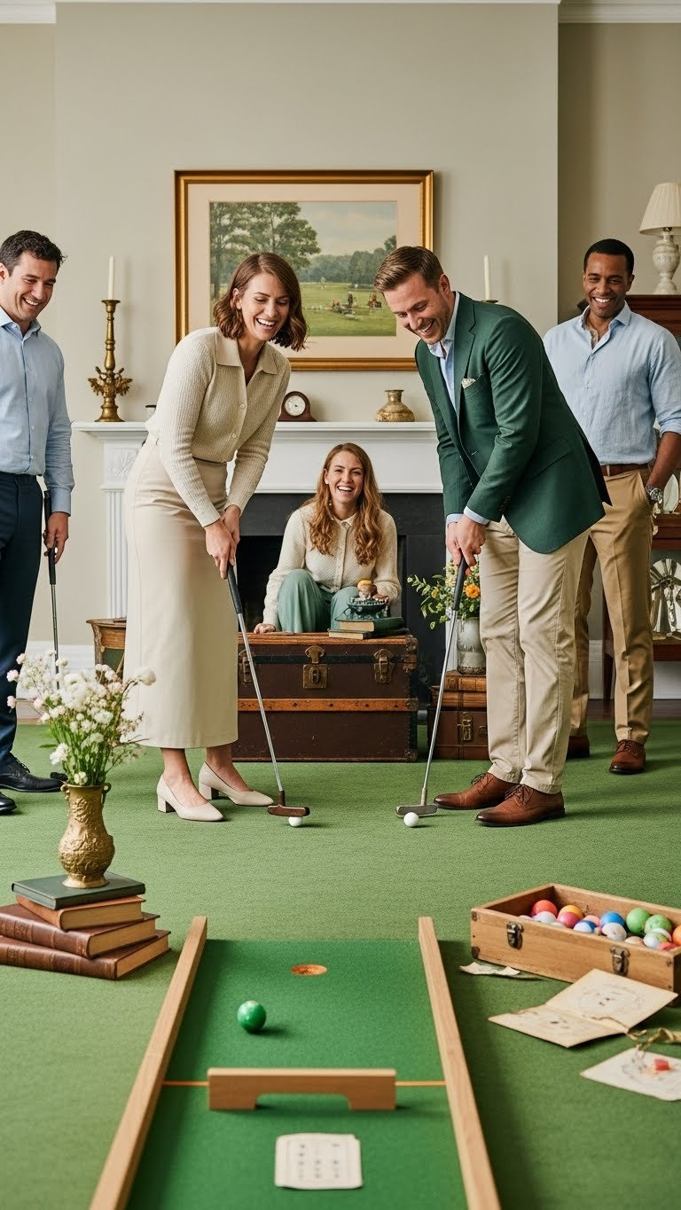 Group Of Elegantly Dressed Guests Playing Indoor Miniature Golf With Vintage Putters On Green Carpet