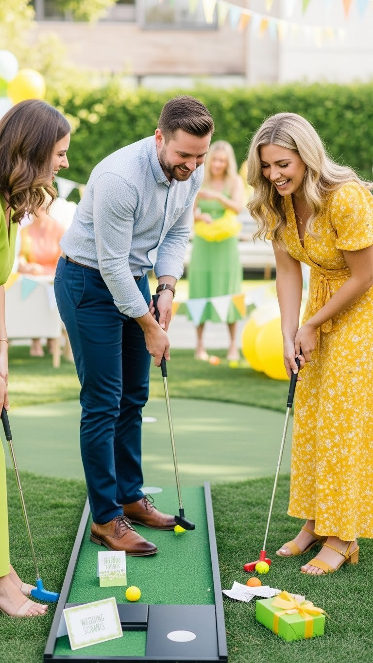 Guests Enjoying Mini-Golf Challenge At Golf-Themed Engagement Party With Putting Green, Custom Scorecards, And Vibrant Energetic Atmosphere.
