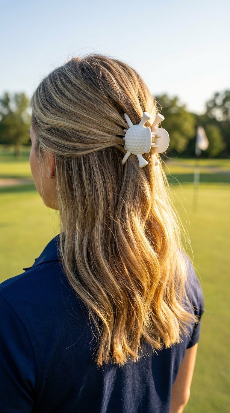 Half-Up Hairstyle Secured With Claw Clip On Female Golfer With Medium Length Hair And Golf Course Setting