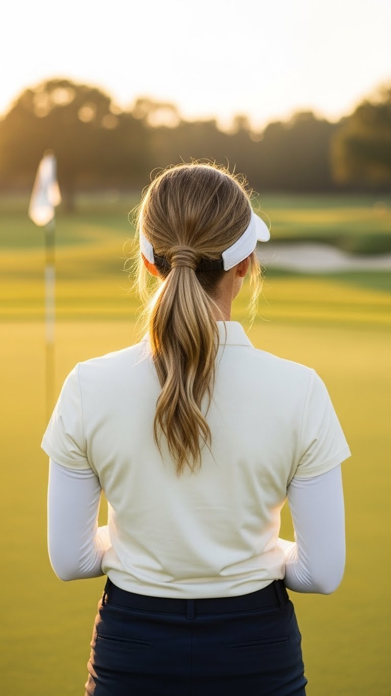 Golf Hairstyle Women No Hat: 7 Elegant &Amp; Secure Styles Half-Up Half-Down Hairstyle With Braid On Female Golfer During Golden Hour Sunset