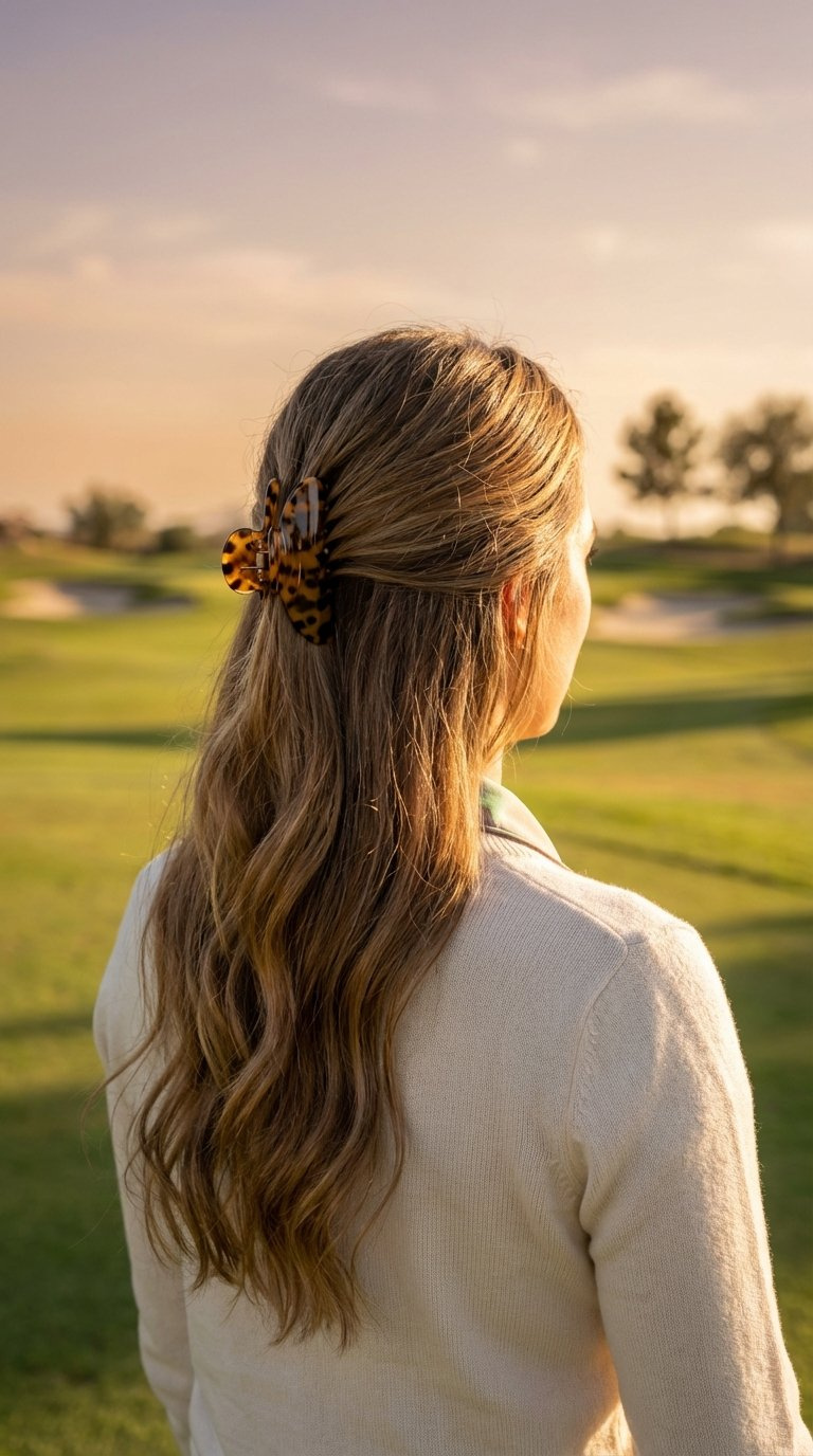 Half-Up Half-Down Hairstyle With Elegant Claw Clip Secured On Woman With Flowing Hair Against Golden Hour Golf Course Backdrop