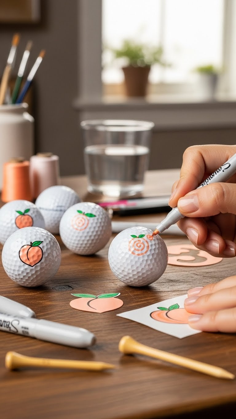 Hand Decorating White Golf Ball With Peach Sharpie Marker On Rustic Wooden Table With Craft Supplies