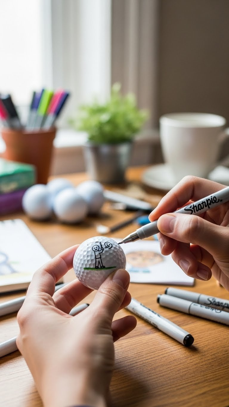 Hand Drawing Funny Sharpie Doodle On White Golf Ball Resting On Rustic Wooden Crafting Table With Marker Supplies