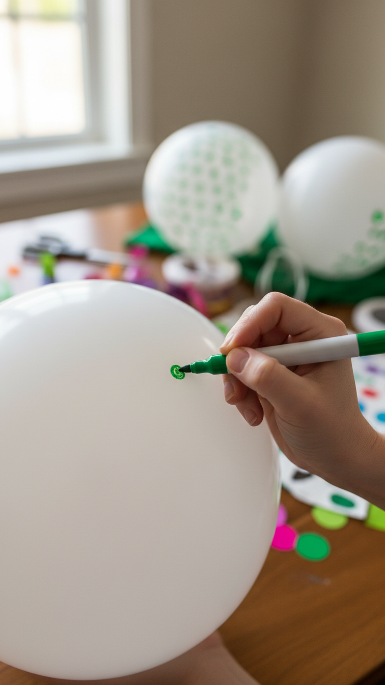 Hand Drawing Golf Ball Dimple Pattern With Green Marker On White Balloon During Diy Craft Customization Process.