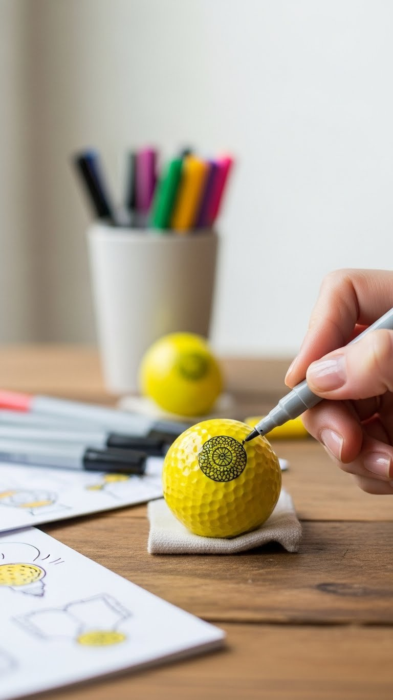 Hand Drawing Intricate Design On Yellow Golf Ball With Markers On Rustic Wooden Craft Table