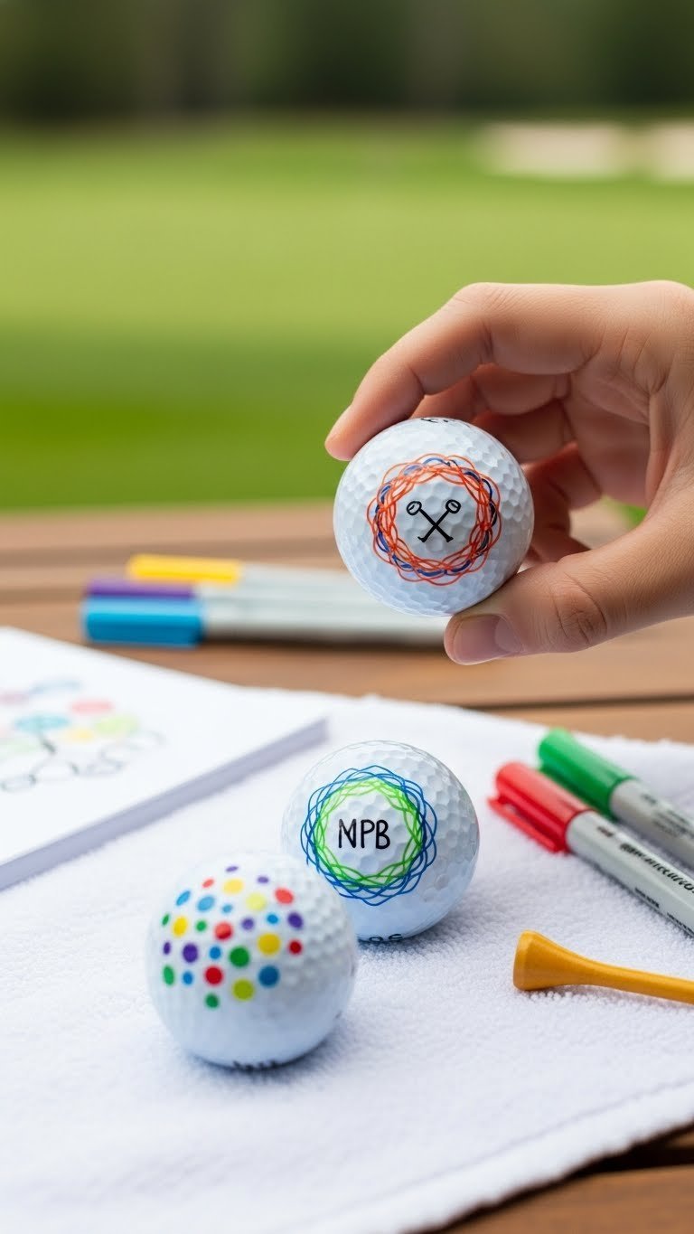 Hand-Drawn Doodle Golf Balls With Permanent Markers Featuring Polka Dots And Swirls On White Towel With Colorful Markers Nearby