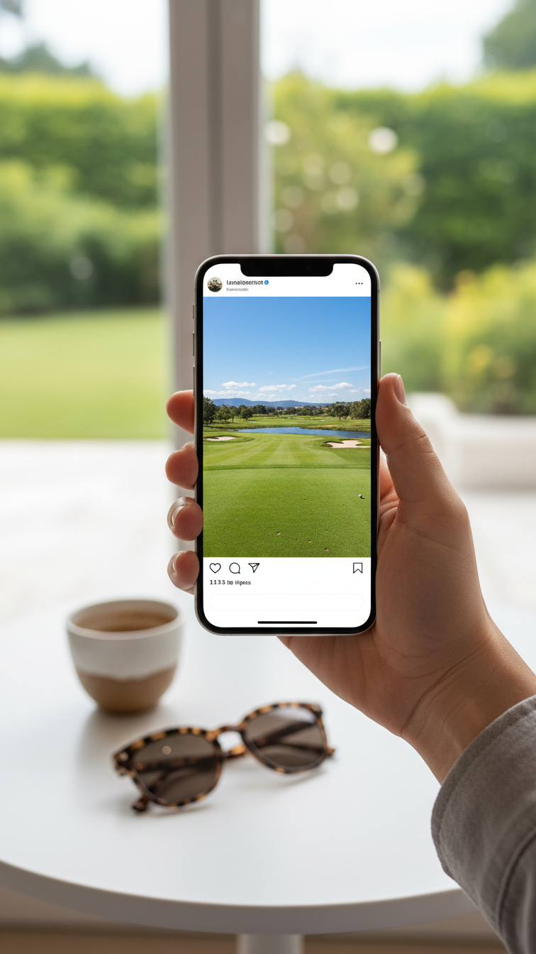 Hand Holding Smartphone Displaying Vibrant Golf Course Social Media Post On Modern Minimalist Table Setting