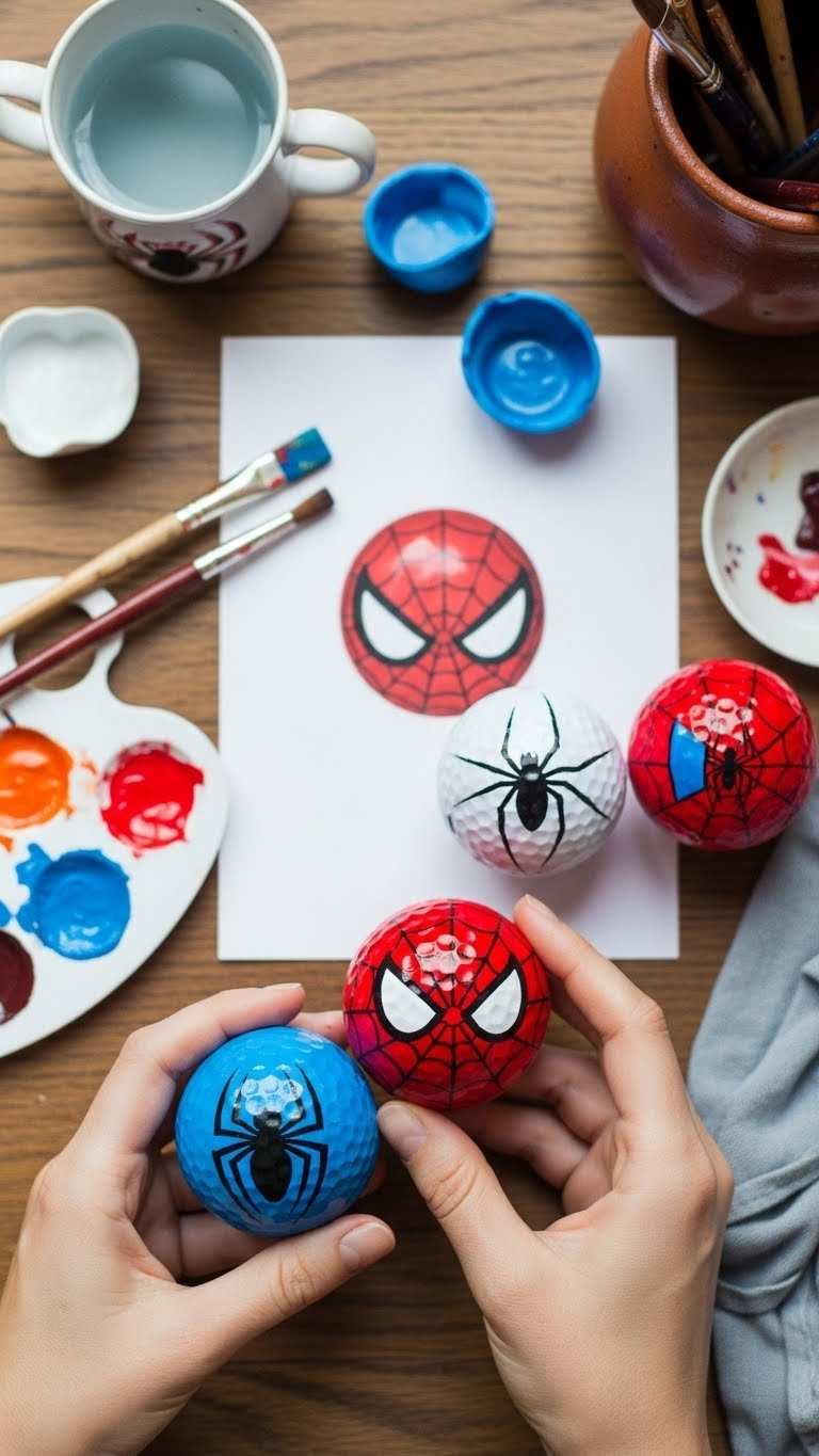 Hand-Painted Diy Spiderman Golf Balls With Brush Strokes On Rustic Wooden Table Surrounded By Art Supplies