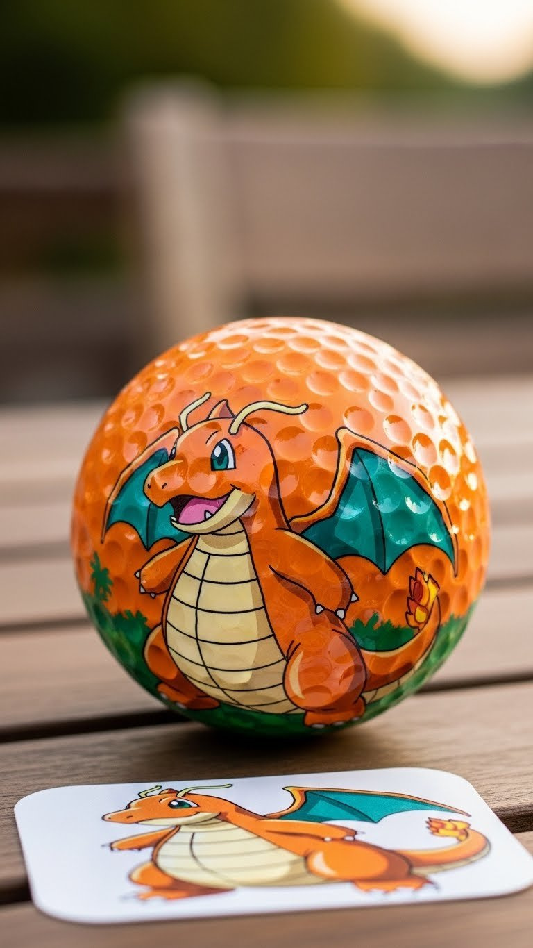 Hand-Painted Dragonite Golf Ball On Rustic Wooden Table With Warm Golden Hour Lighting And Outdoor Foliage Backdrop