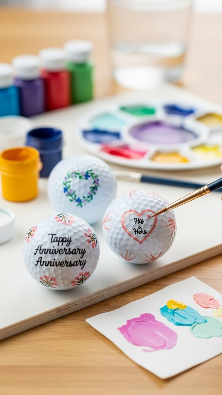 Hand-Painted Anniversary Golf Balls With Floral Patterns Being Painted With Fine Brush On Craft Mat With Art Supplies.