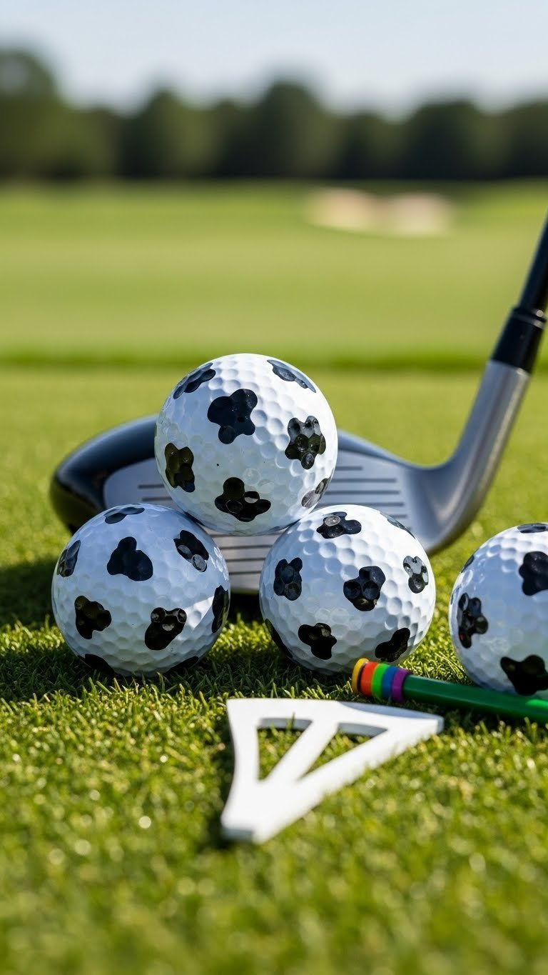 Hand Painted Cow Print Golf Balls Arranged On Lush Green Artificial Turf With Golf Club Head Nearby
