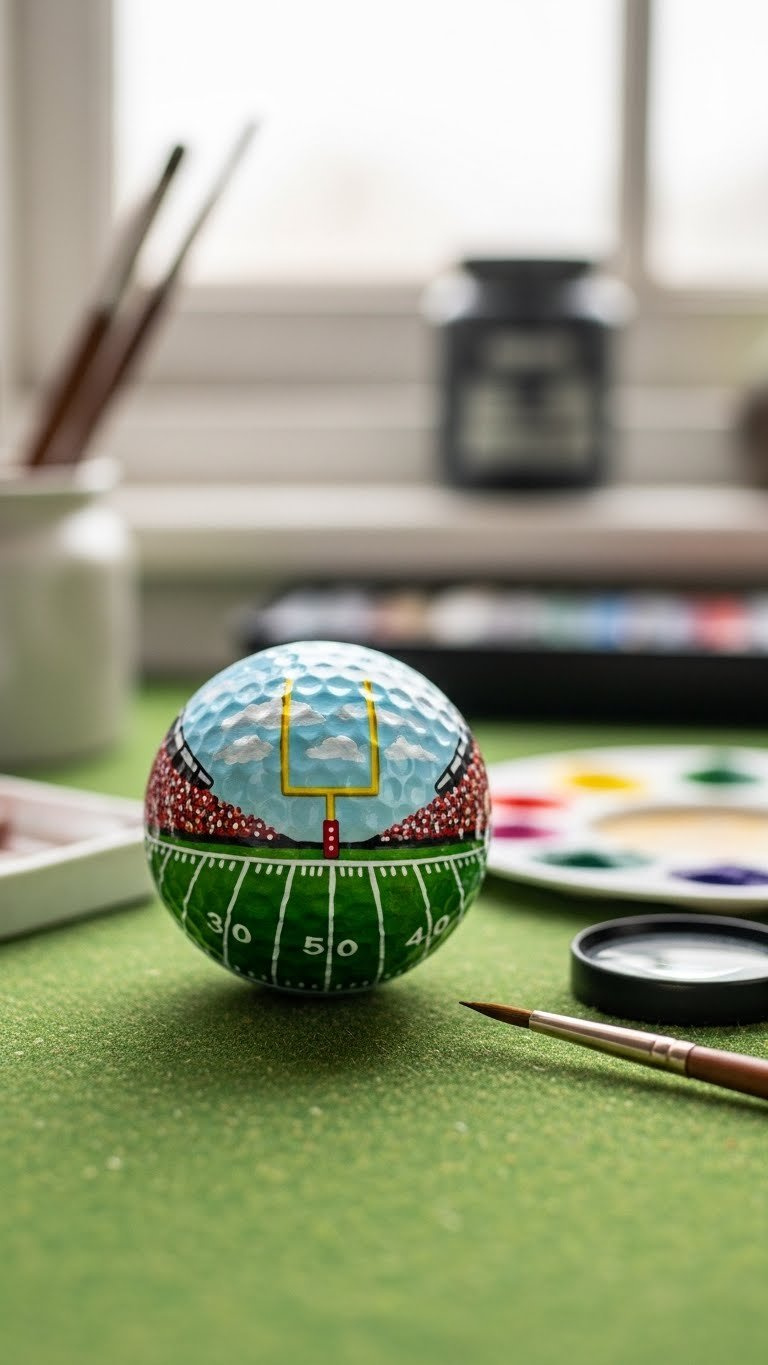 Hand-Painted Football Field Goal Scene Golf Ball With Detailed Miniature Field Markings On Textured Turf