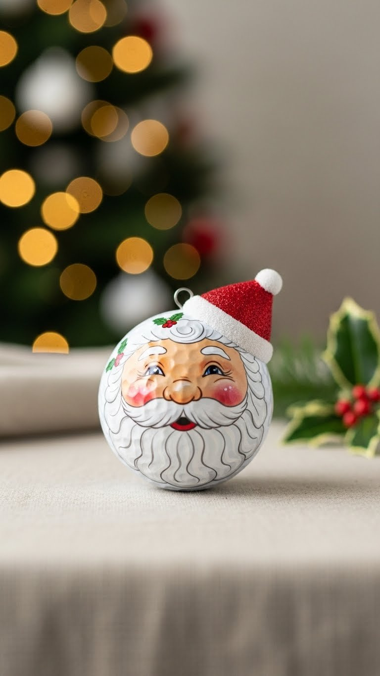 Hand-Painted Golf Ball Santa Ornament With Fluffy White Beard And Red Hat Hanging On Christmas Tree With Soft Bokeh Background