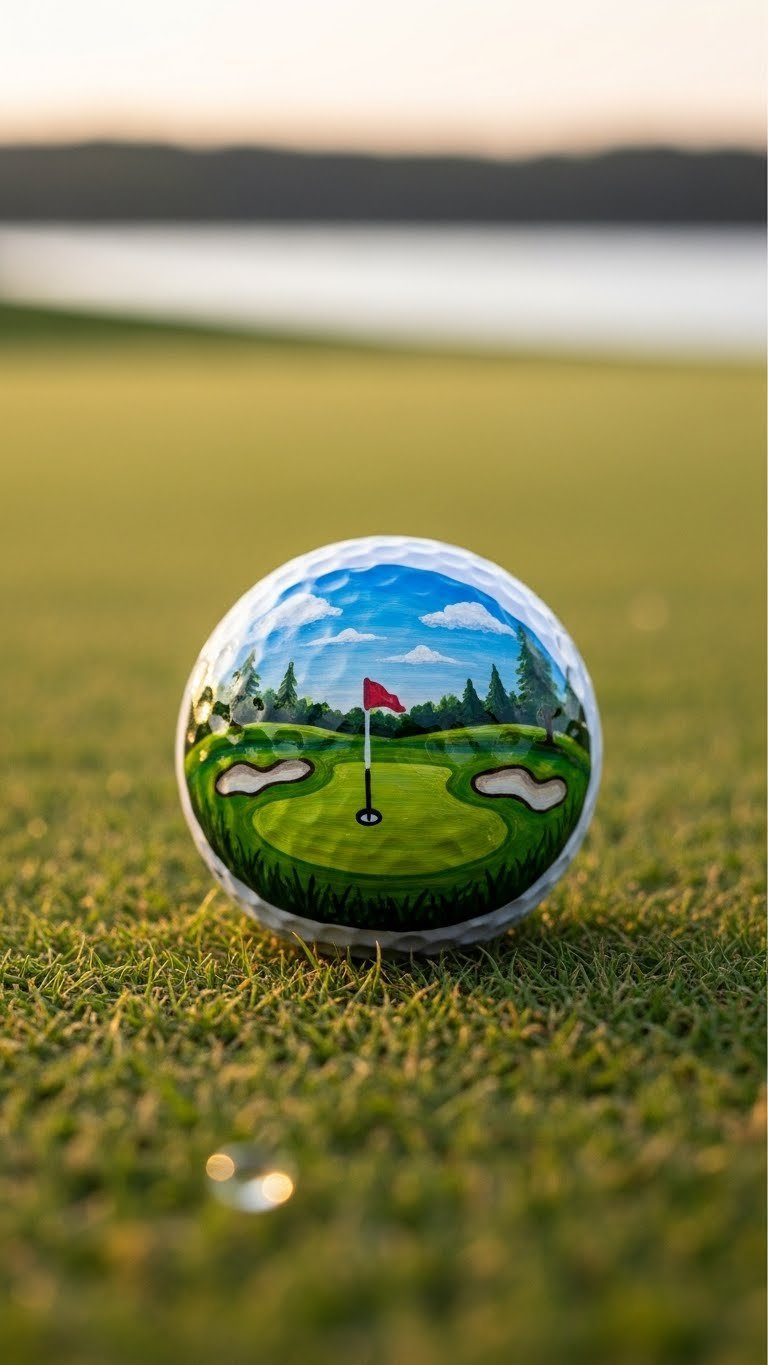 Hand-Painted Golf Ball Featuring Miniature Golf Course Scene On Manicured Grass With Golden Hour Lighting
