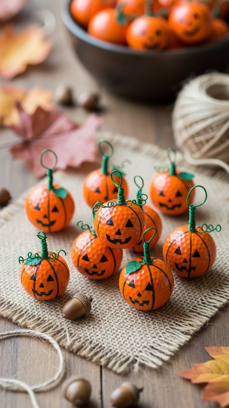 Hand-Painted Golf Ball Pumpkins With Orange Paint And Green Stems Arranged On Rustic Wooden Table With Autumn Decor.