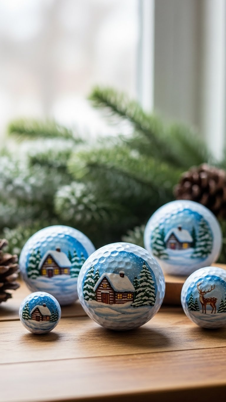 Hand-Painted Golf Balls Featuring Miniature Winter Wonderland Scenes Displayed On Rustic Wooden Table