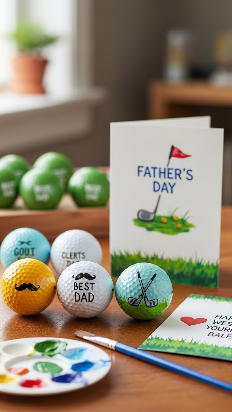 Hand-Painted Golf Balls With Intricate Father'S Day Designs Arranged On Rustic Wood With Paintbrushes And Greeting Card In Warm Natural Light