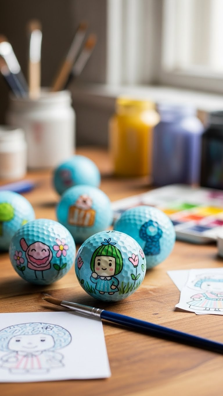 Hand-Painted Light Blue Golf Balls With Whimsical Floral Designs And Abstract Patterns On Rustic Wooden Craft Table
