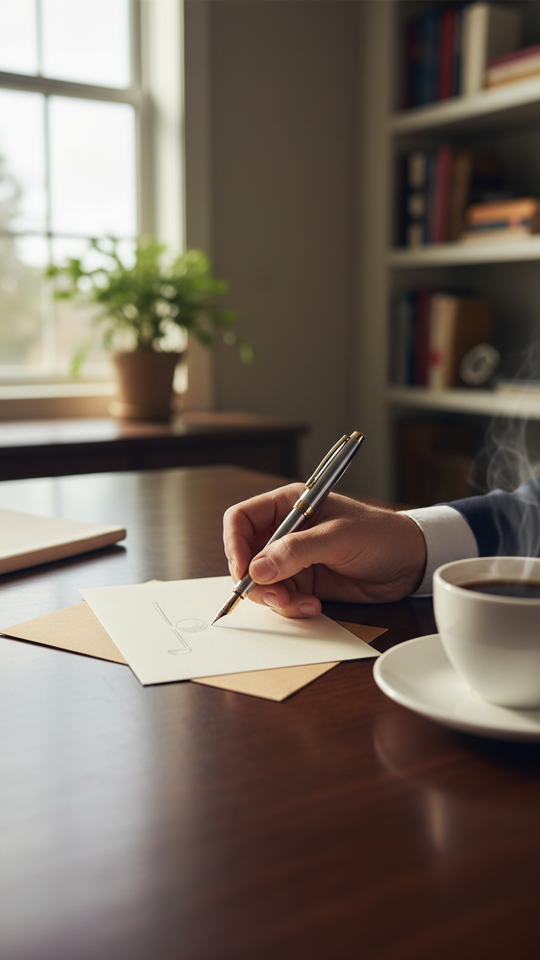 Hand Writing Thank You Note With Fountain Pen On Golf-Themed Stationery At Wooden Desk