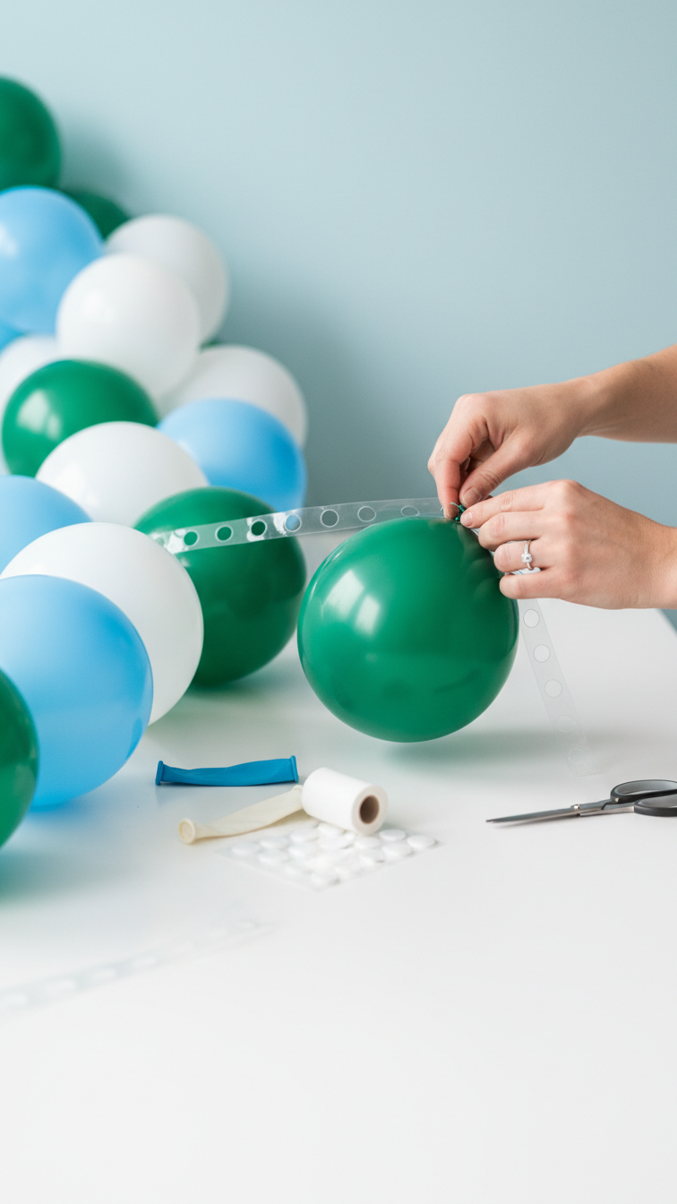 Hands Threading Green, White, And Blue Balloons Through Balloon Garland Strip During Golf Arch Assembly Process