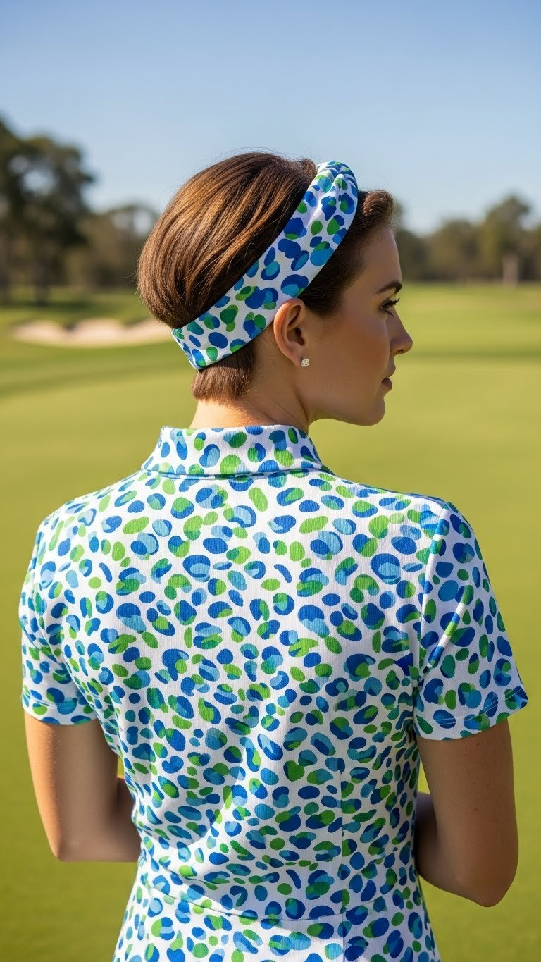 Headband-Enhanced Short Hair Golf Style With Functional Headband, Styled Against Bright Fairway With Vibrant Golf Dress.