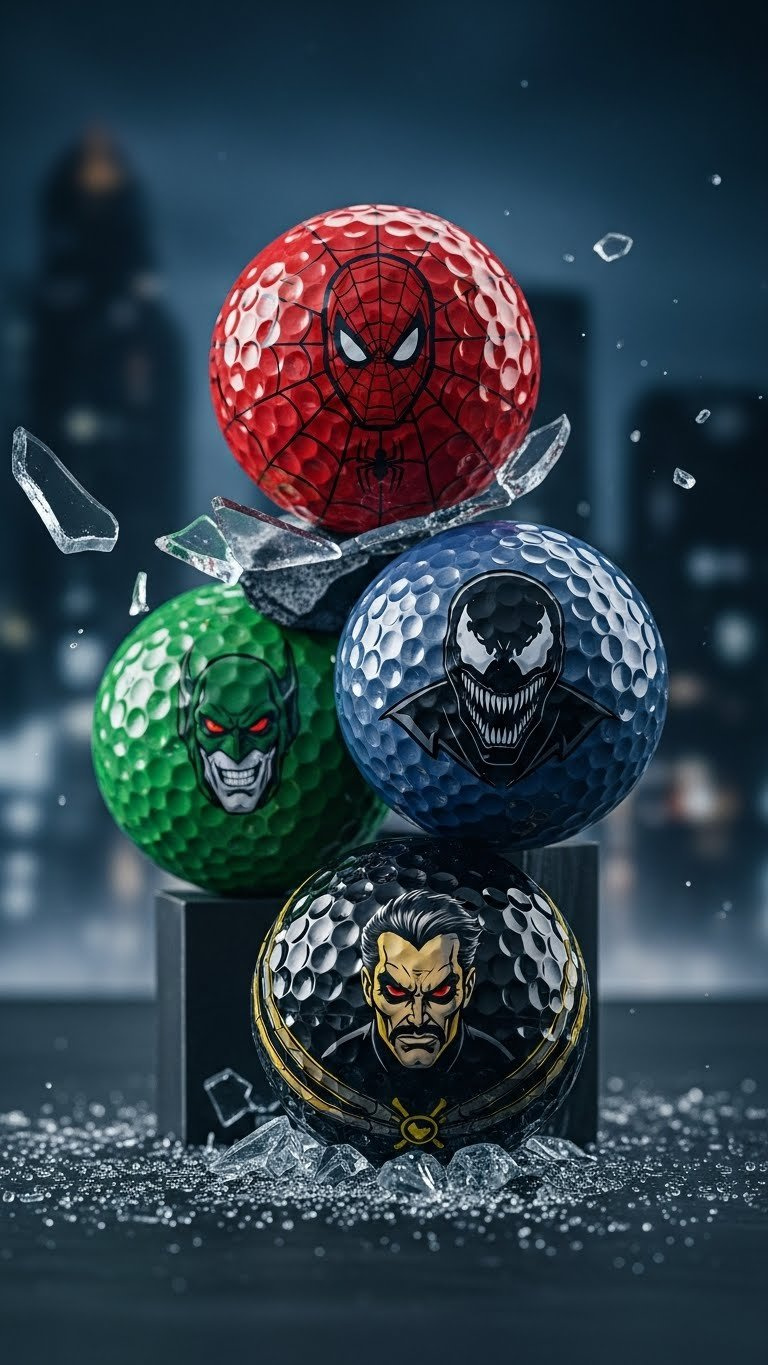 Hero Vs Villain Golf Ball Duo Featuring Red Spiderman And Green Goblin Balls On Dark Stand Against Urban Cityscape