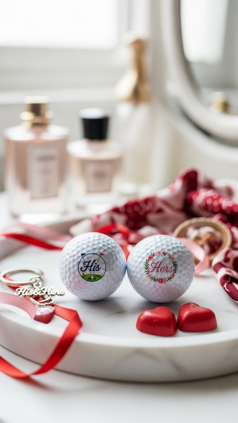 His And Hers Themed Golf Balls With Complementary Masculine And Feminine Designs On White Marble Tray With Romantic Accents