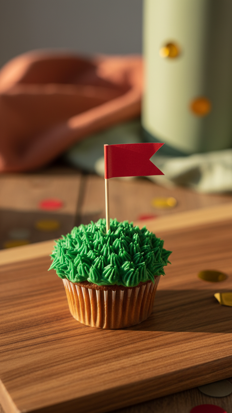 Hole-In-One Cupcake With Green Grass Frosting And Red Flagstick Topper On Acacia Wood Board With Confetti
