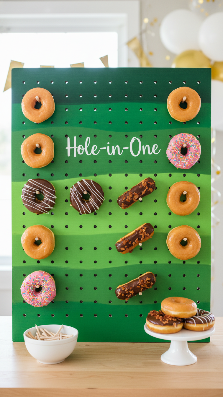 Hole-In-One Donut Display On Pegboard Fairway With Donuts Hanging On Wooden Golf Tees