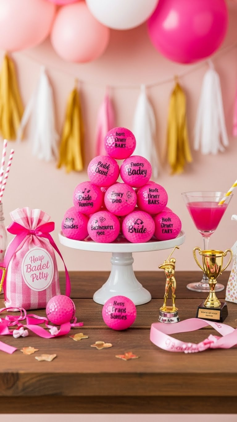 Hot Pink Golf Balls Personalized For Bachelorette Party Favors Displayed On Rustic Wooden Table With Decorations