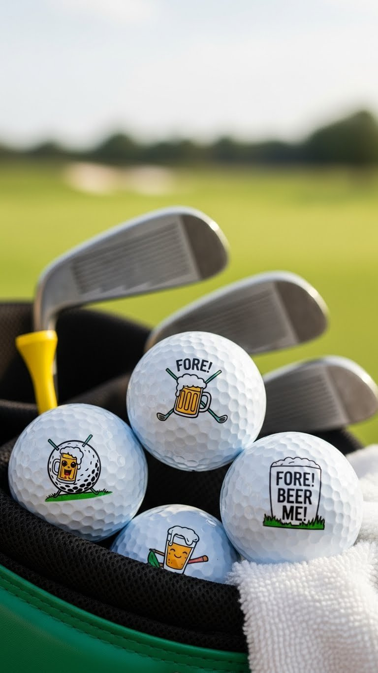 Humorous Beer Graphic Golf Balls With Witty Phrases Displayed In Golf Bag Pocket With Bright Daylight And Playful Accessories
