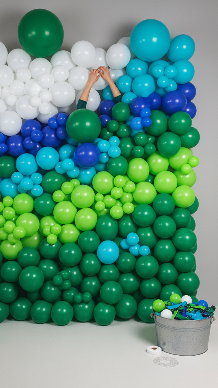 Impressive Floor-To-Ceiling Golf Balloon Wall Backdrop In Various Shades Of Green, Blue, And White Balloons