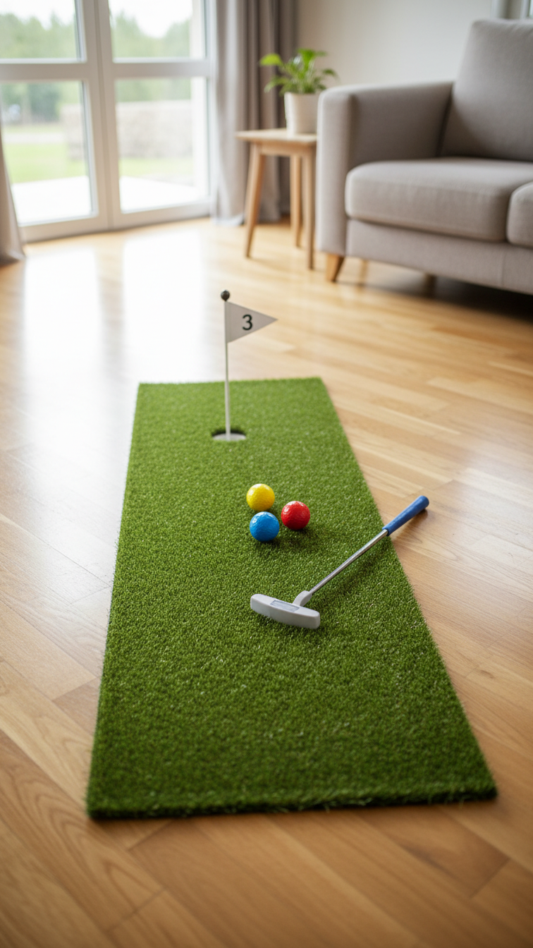 Indoor Diy Putting Green With Artificial Turf, Hole With Flagstick, And Colorful Golf Balls For Party.