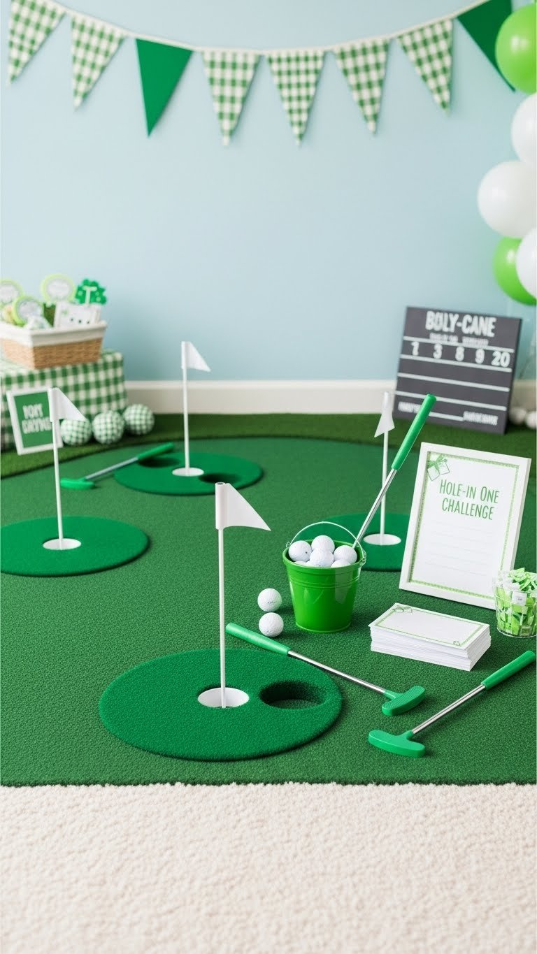 Indoor Golf-Themed Baby Shower Game Station With Mini Putting Green, Golf Clubs, And Pennant Banner Decorations
