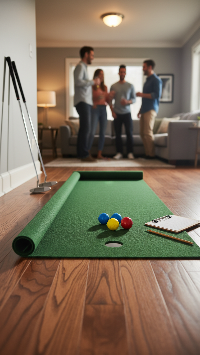 Indoor Putting Green Game Setup On Hardwood Floor With Colorful Golf Balls And Putters