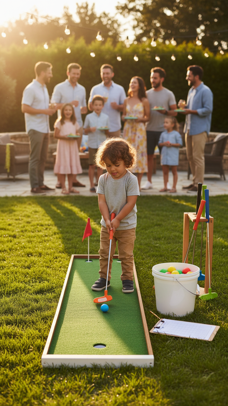 Interactive Backyard Mini Putting Green With Child Lining Up Putt Using Colorful Kid-Sized Putter