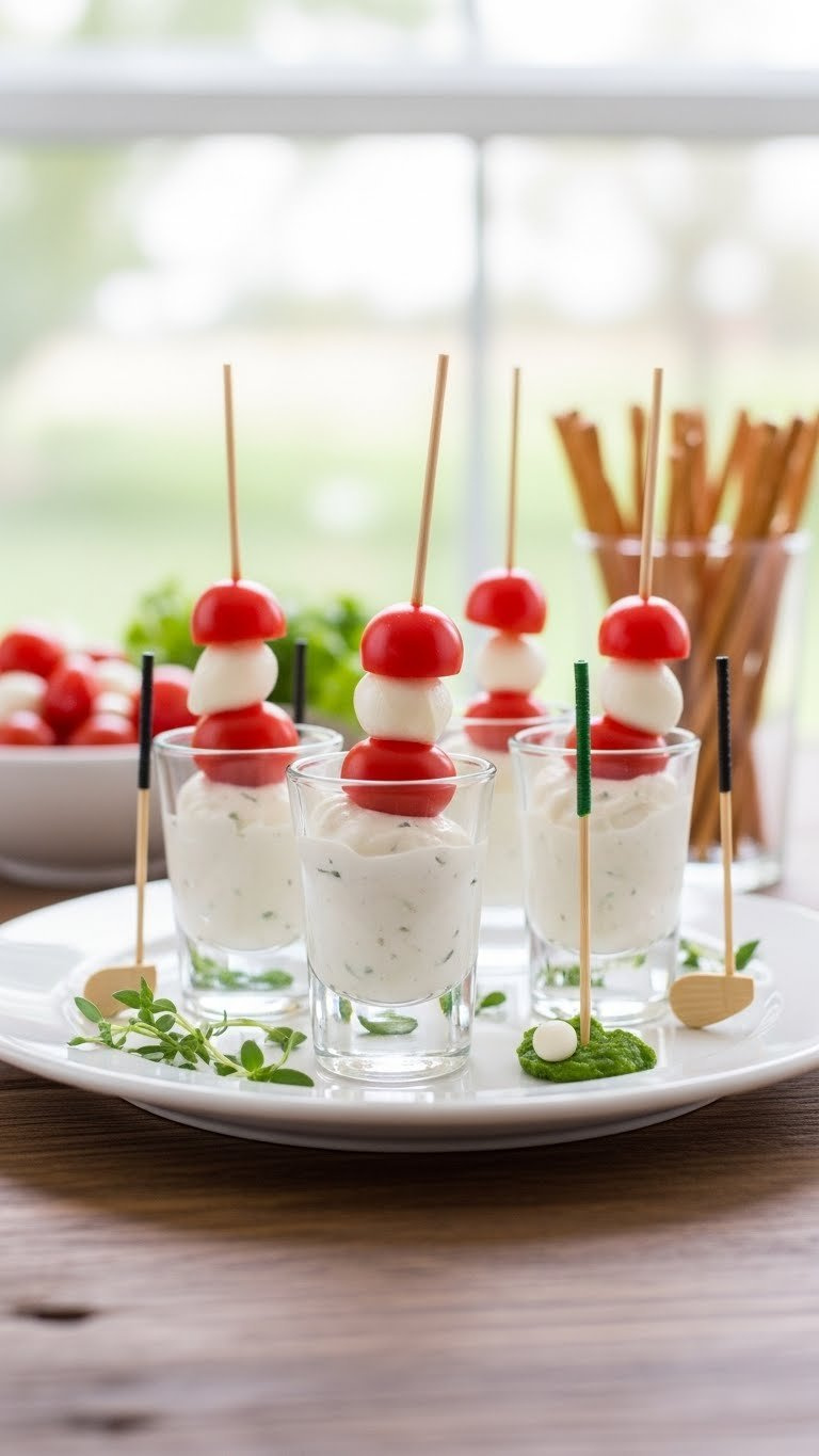 Interactive Veggie Skewer Tray With Golf Ball-Shaped Mozzarella And Cherry Tomatoes On Dip-Filled Shot Glass Tees