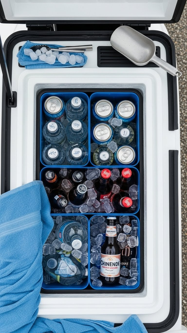 Interior View Of Insulated Beverage Storage Unit With Neatly Arranged Bottles On Ice In Golf Cart Cooler Compartment