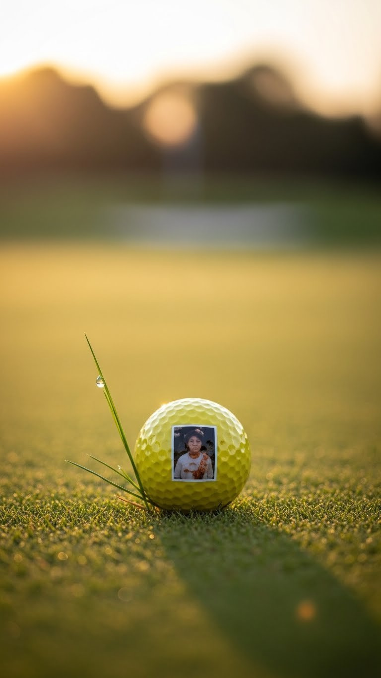Intimate Macro Close-Up Of Pastel Yellow Golf Ball With Sentimental Photo Printed On Mossy Grass Background