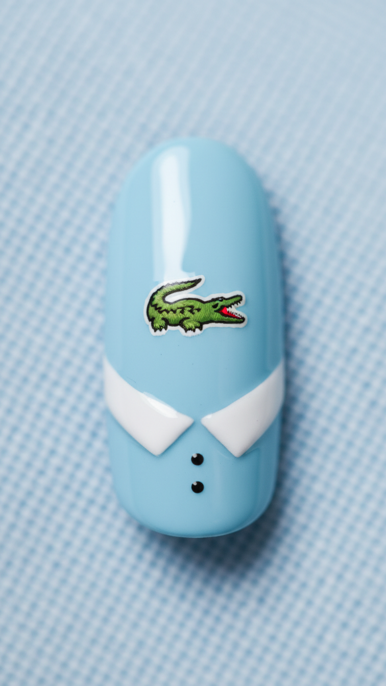 Intimate Macro Shot Of Polo Shirt Themed Nail With Pastel Blue Base, Collar Detail, And Tiny Green Alligator Logo