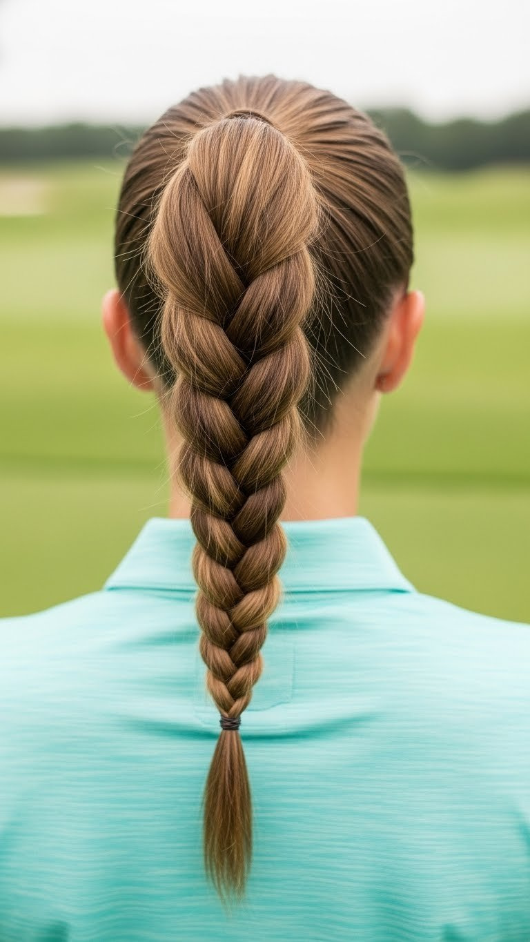 Golf Hairstyles Women: 9 Easy Pro-Approved Looks Intricate Braided Ponytail Hairstyle For Female Golfers With Secure Hold Against Green Landscape